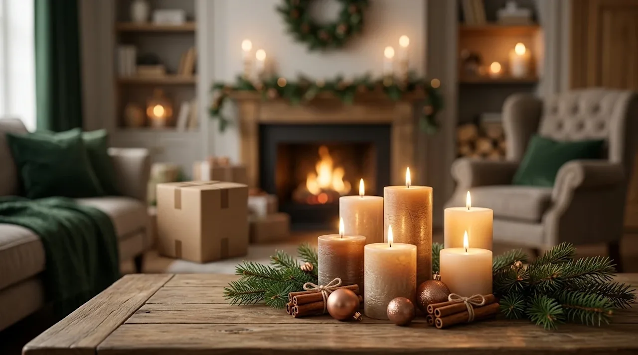 Editorial lifestyle photography of elegant, softly glowing holiday candles arranged beautifully on a wooden coffee table in a