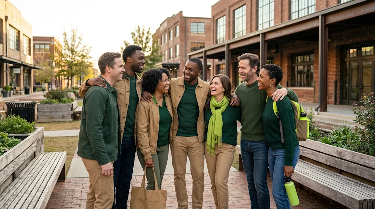 Diverse group of friends in green and tan outfits chatting in a Birmingham urban park with brick buildings.