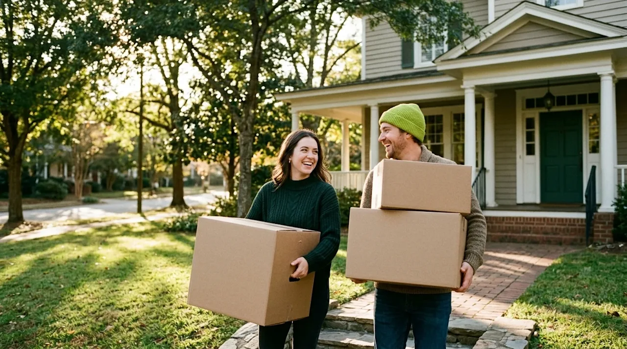 Candid lifestyle photography of a happy couple carrying kraft brown moving boxes up the pathway to a charming, classic Southe