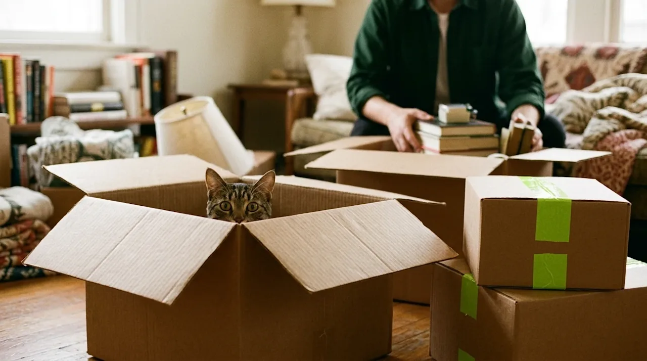 Authentic lifestyle photography of a curious domestic cat peeking out from inside a raw kraft cardboard moving box. The scene