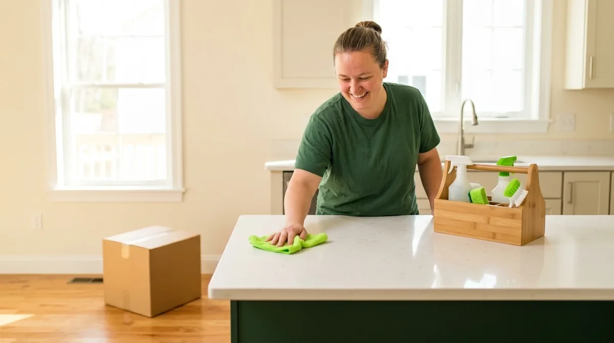 Clear and professional marketing lifestyle photography of a bright, sunlit kitchen in a newly purchased home during a move-in