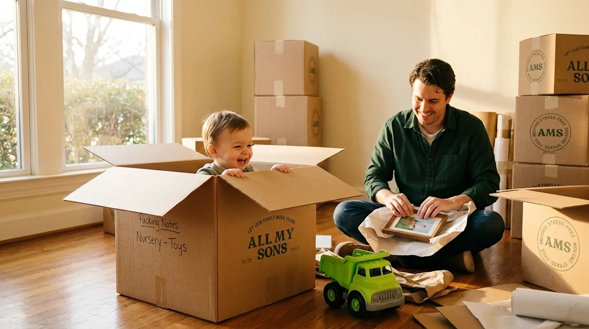 A candid, heartwarming lifestyle photograph of a toddler happily playing inside a clean, open brown cardboard moving box in a