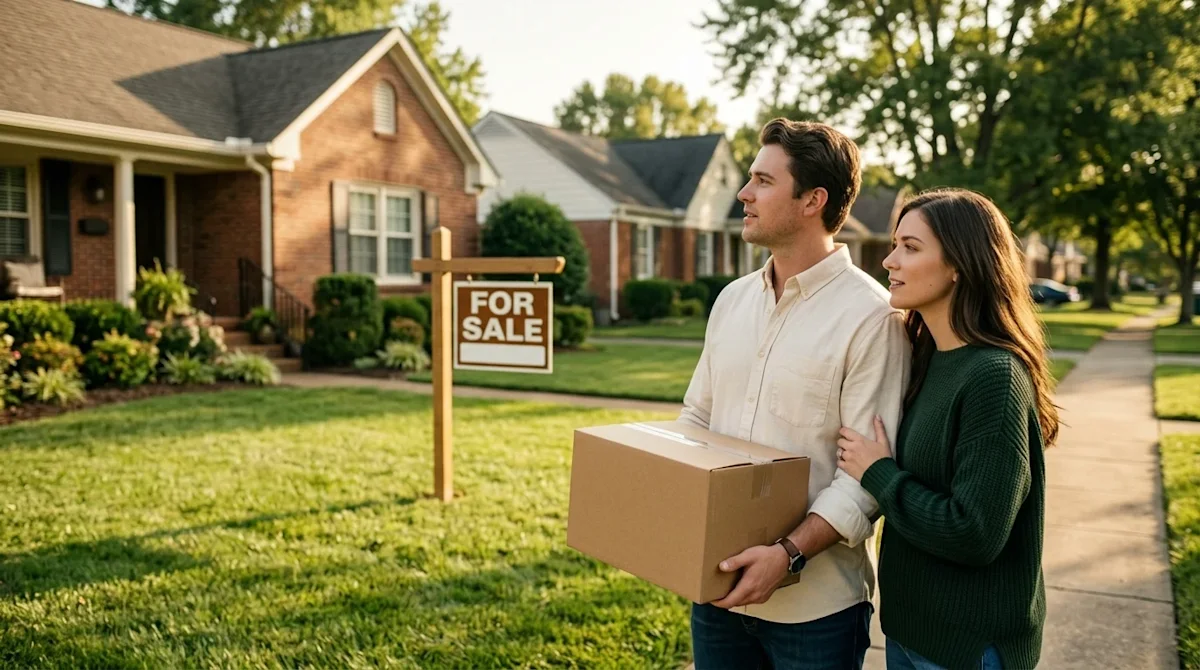 Professional marketing photography, clear and crisp. A candid lifestyle shot of a thoughtful young couple standing on a sunny