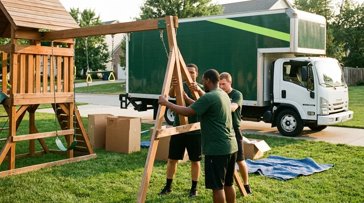 Candid 35mm film photography of professional movers carefully preparing a large wooden children's swing set for relocation in