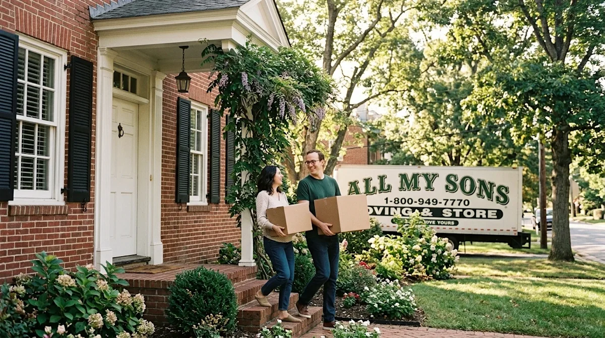 A high-quality lifestyle photograph of a happy family moving into a charming, historic Annapolis-style brick colonial home in