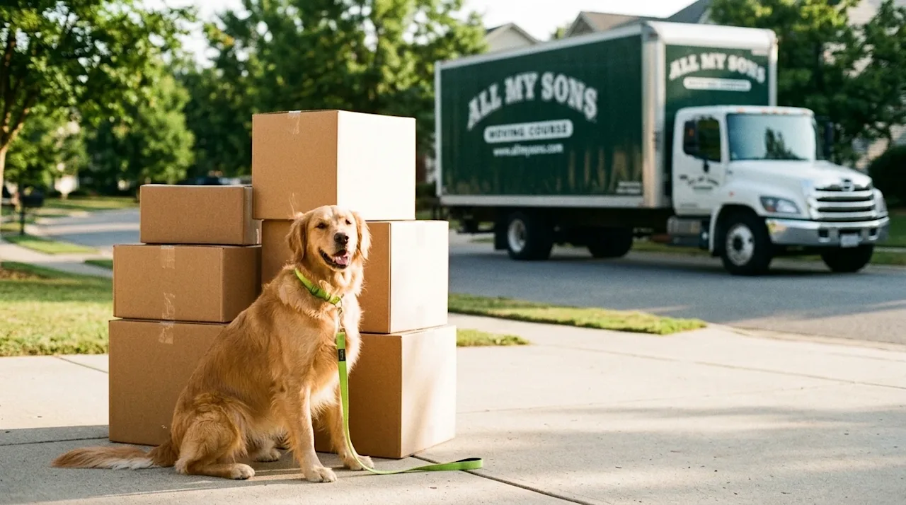 A candid, heartwarming 35mm film photograph of a happy golden retriever sitting patiently on a sunny suburban driveway next t