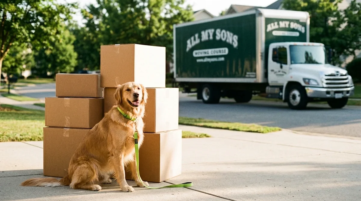 A candid, heartwarming 35mm film photograph of a happy golden retriever sitting patiently on a sunny suburban driveway next t