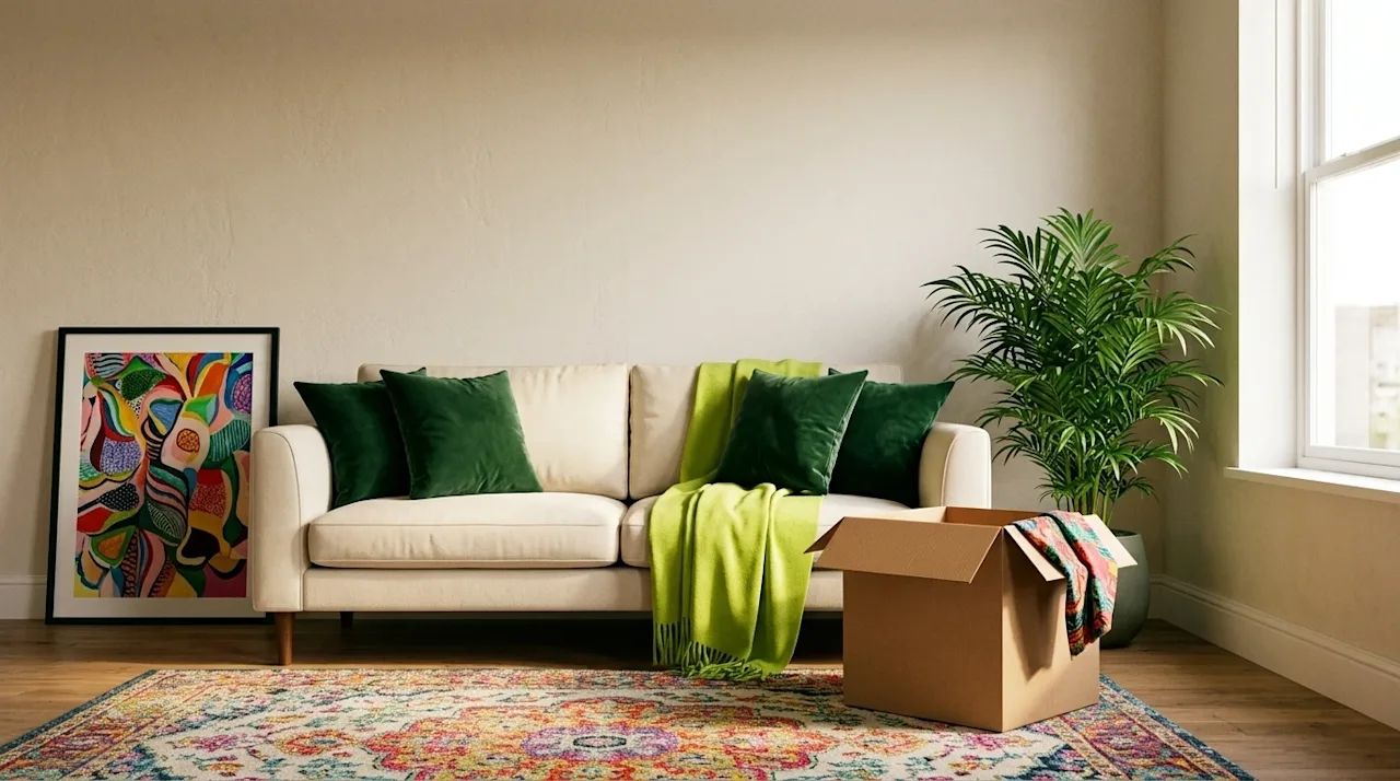 Photorealistic lifestyle photography of a cozy, naturally lit rental living room interior. The walls are a plain, unpainted n