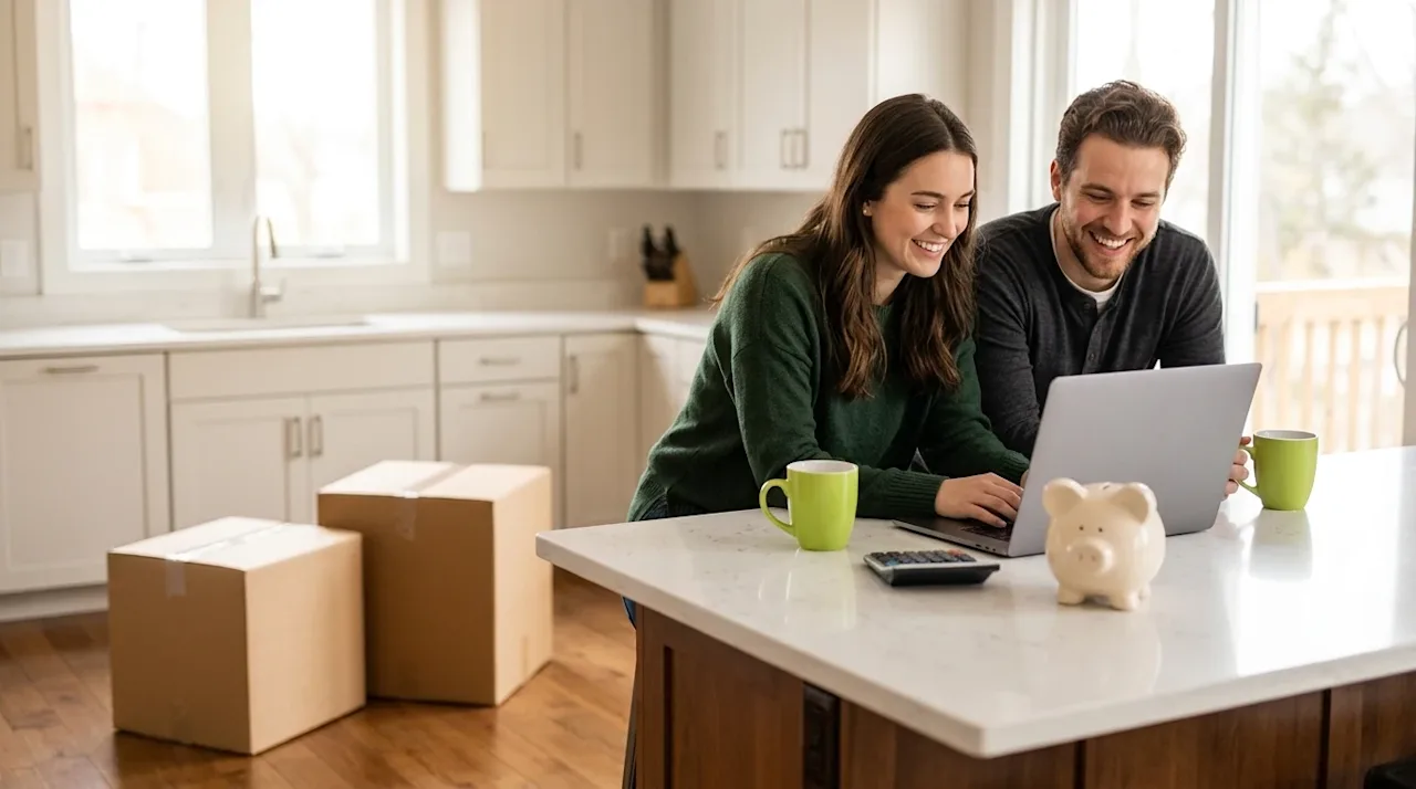 Professional marketing photography of a smiling young couple sitting at a modern kitchen island, happily planning their movin