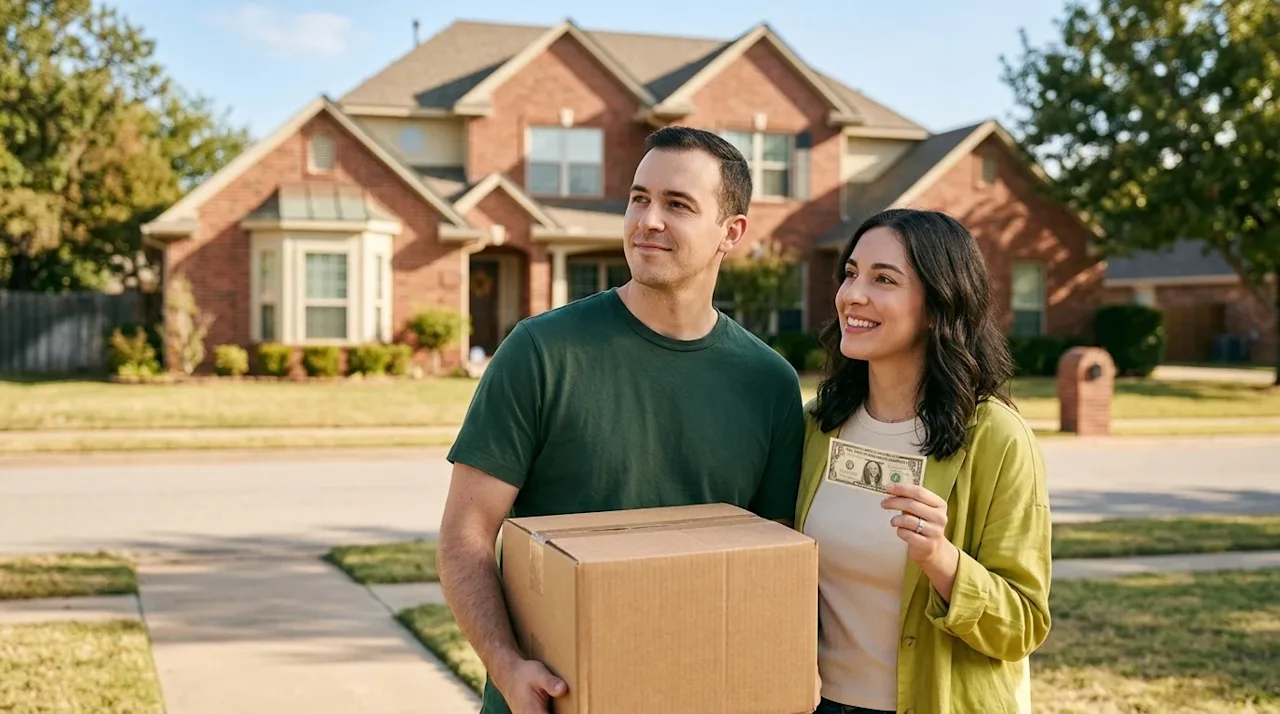 Professional marketing lifestyle photography of a thoughtful young couple standing on a sunny sidewalk in front of a classic,