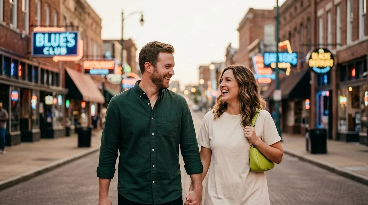 Clear, professional marketing photography of a happy, relaxed couple walking down the vibrant, iconic Beale Street in Memphis