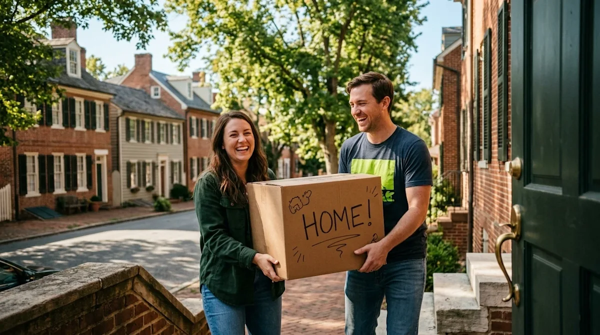 A warm, candid lifestyle photograph of a happy couple carrying a high-quality brown kraft cardboard moving box up the steps o