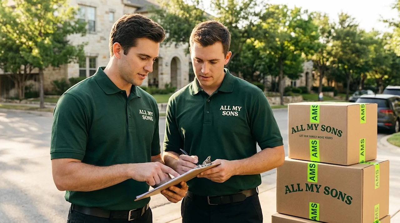 All My Sons movers reviewing inventory checklist outside Austin home with branded boxes and lime green tape.