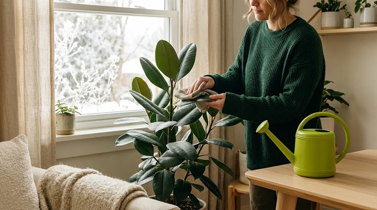 Professional lifestyle marketing photography of a cozy indoor scene focusing on winter plant care. A person wearing a deep fo