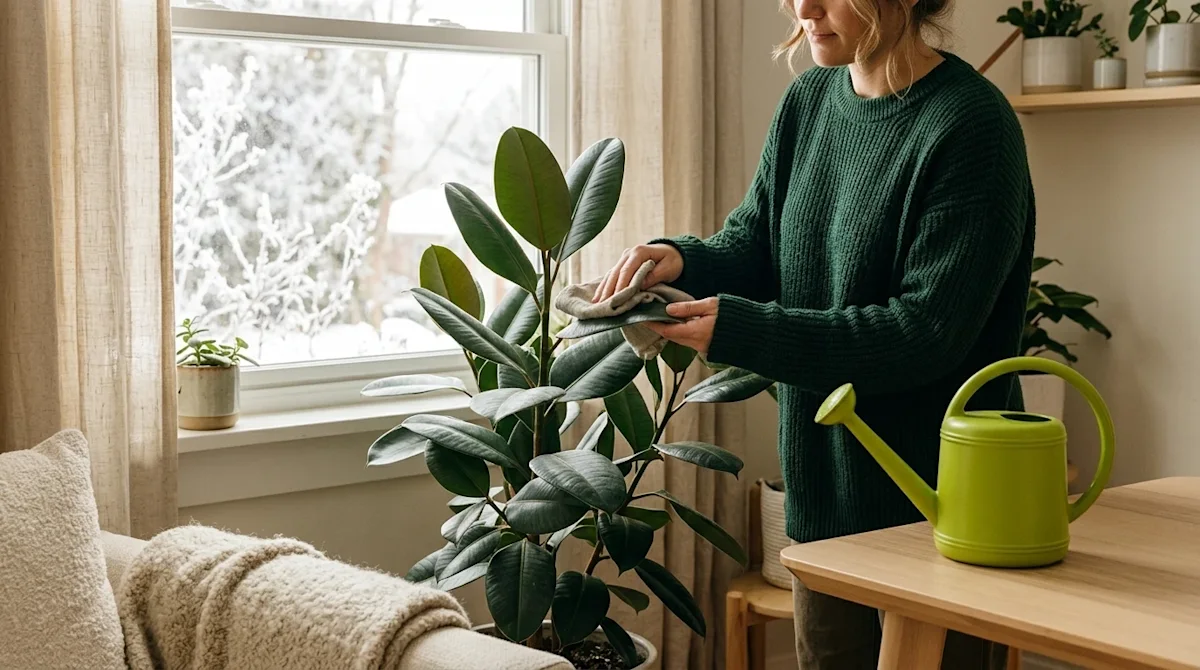 Professional lifestyle marketing photography of a cozy indoor scene focusing on winter plant care. A person wearing a deep fo