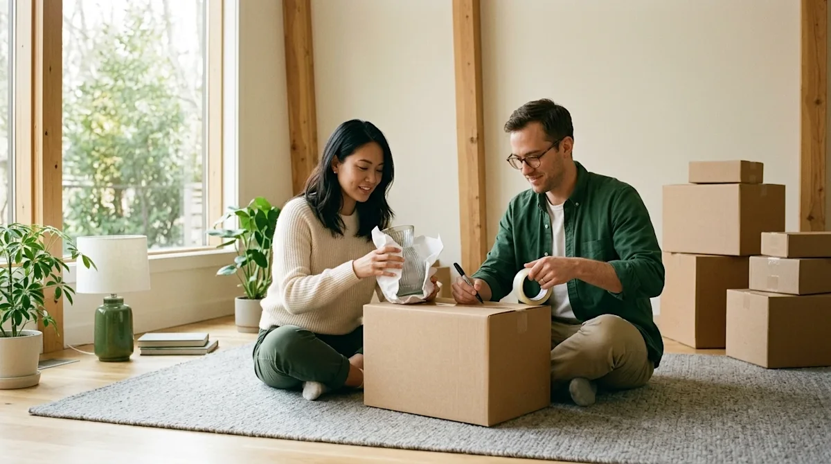 High-quality lifestyle photography of an organized couple packing for a move in a brightly lit, modern home, capturing positi