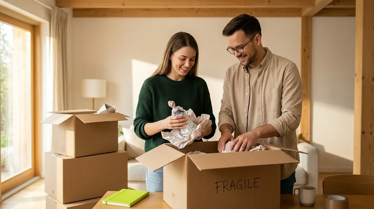 Clear, professional marketing lifestyle photography of a smiling couple meticulously packing their home for a move. They are