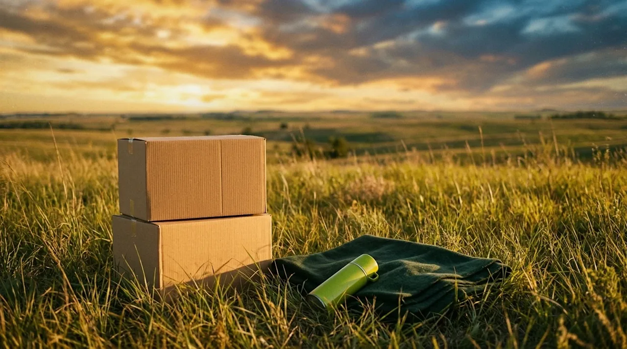 A warm, nostalgic 35mm film photograph set in a sweeping Oklahoma prairie landscape at golden hour. A few neatly stacked corr