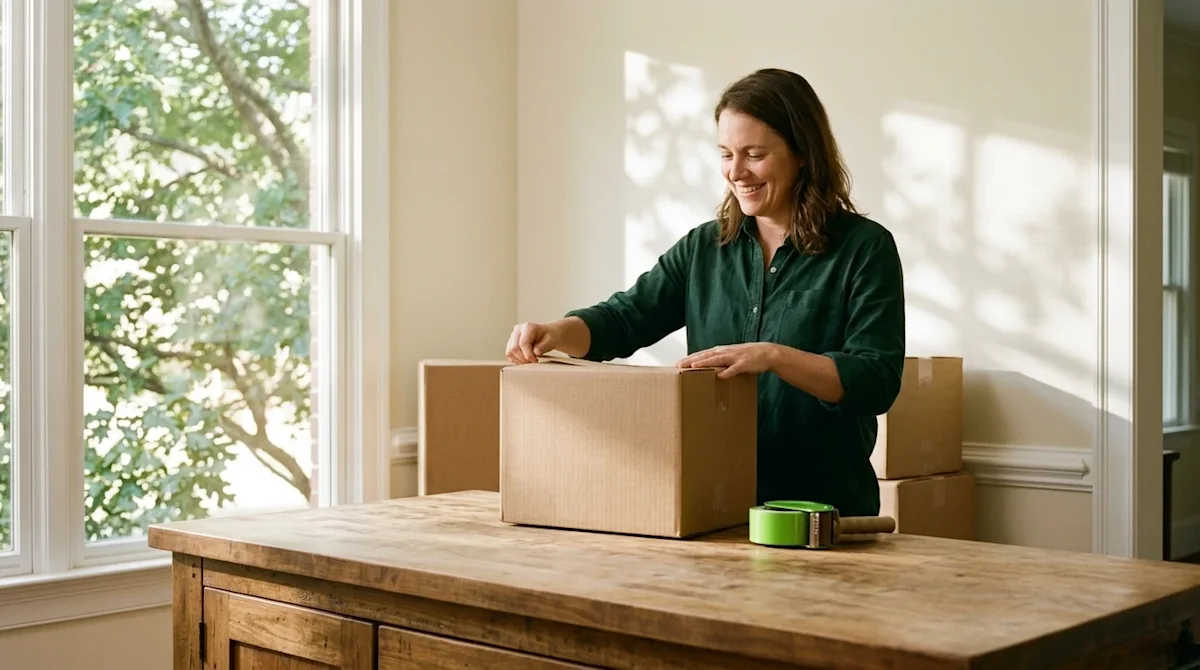 A candid, high-quality lifestyle photograph of a happy homeowner in a bright, welcoming South Charlotte home, casually packin