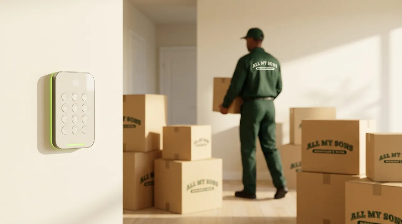 Secure moving day featuring a smart home keypad and an All My Sons mover in a forest green uniform.