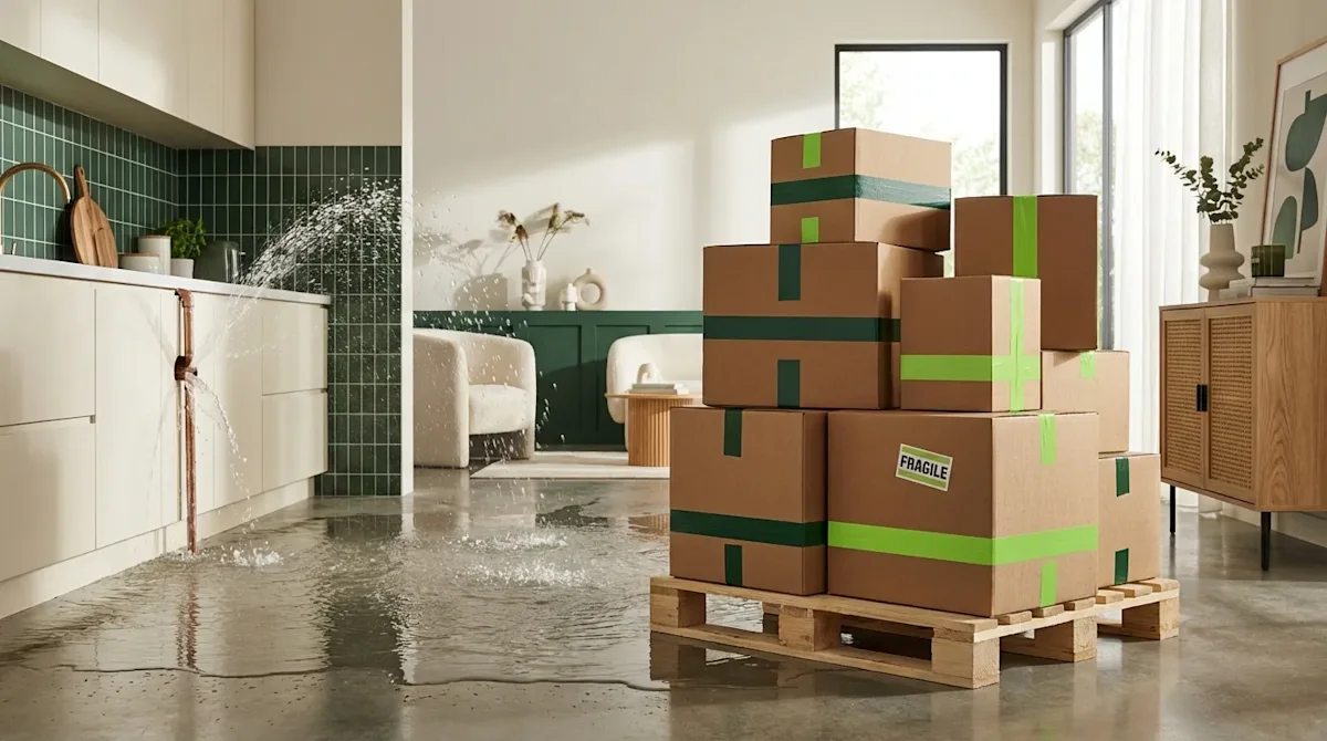 Burst pipe water leak in a modern home with All My Sons moving boxes stacked safely on a pallet.