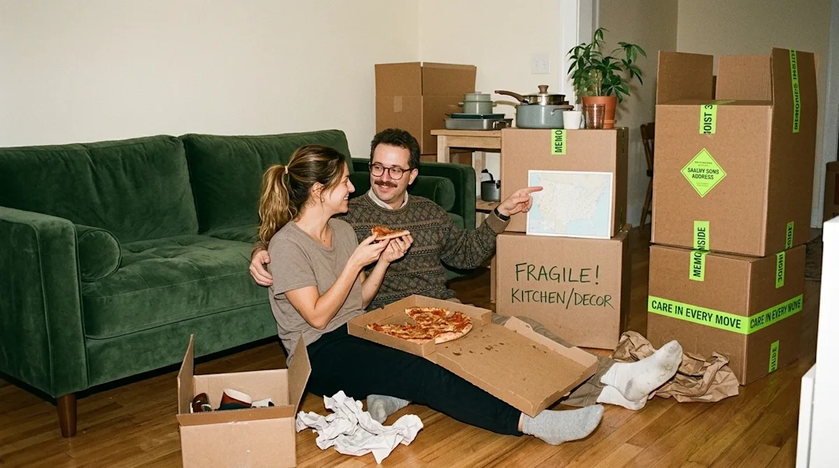 A candid, nostalgic 35mm film photography style image of a couple relaxing in their newly moved-in home, taking a well-deserv