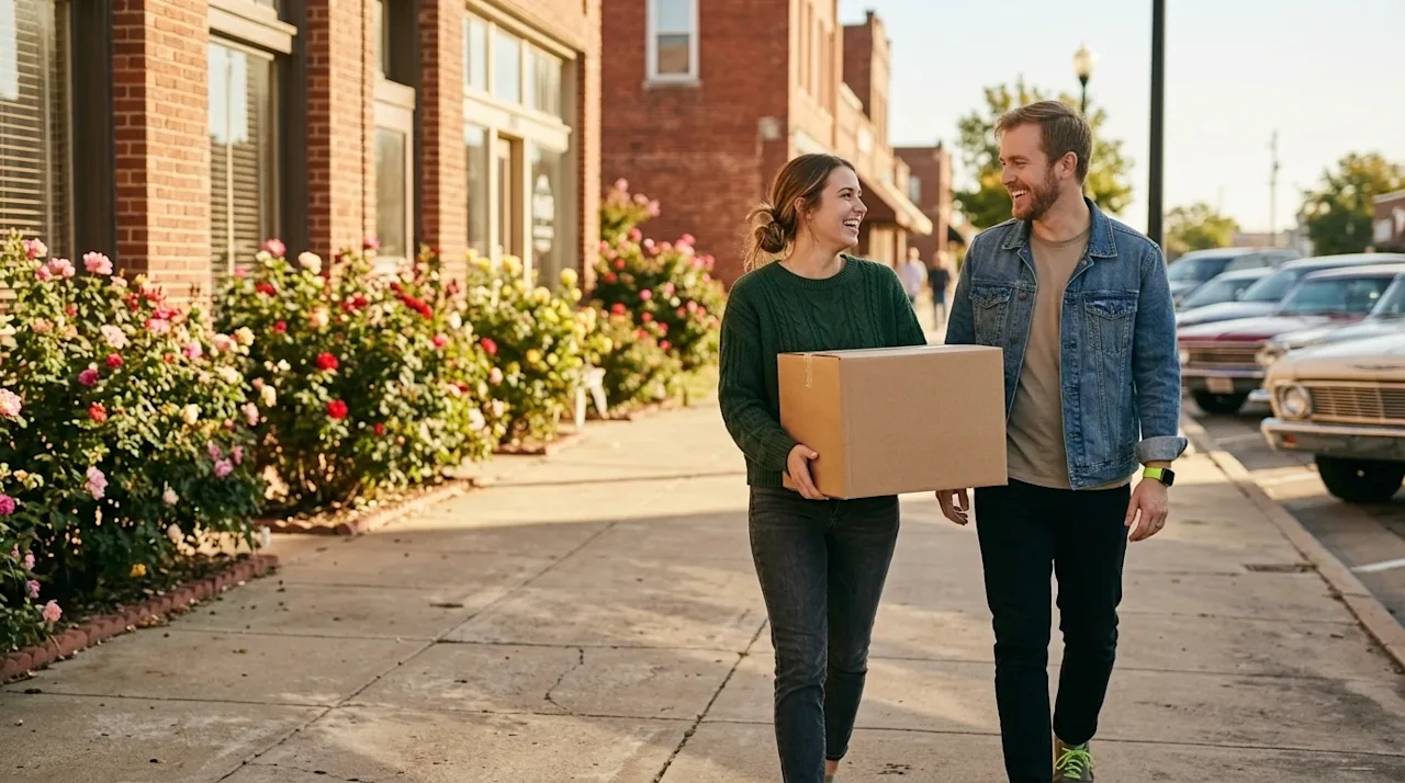 High-resolution lifestyle photography of a welcoming, sunlit historic downtown street characterized by red brick buildings, c