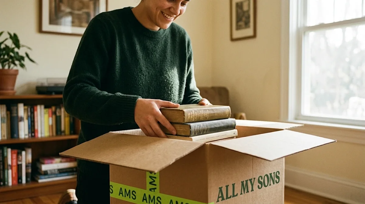 Candid 35mm film photography of a person packing a collection of hardcover books into a sturdy brown cardboard moving box ins
