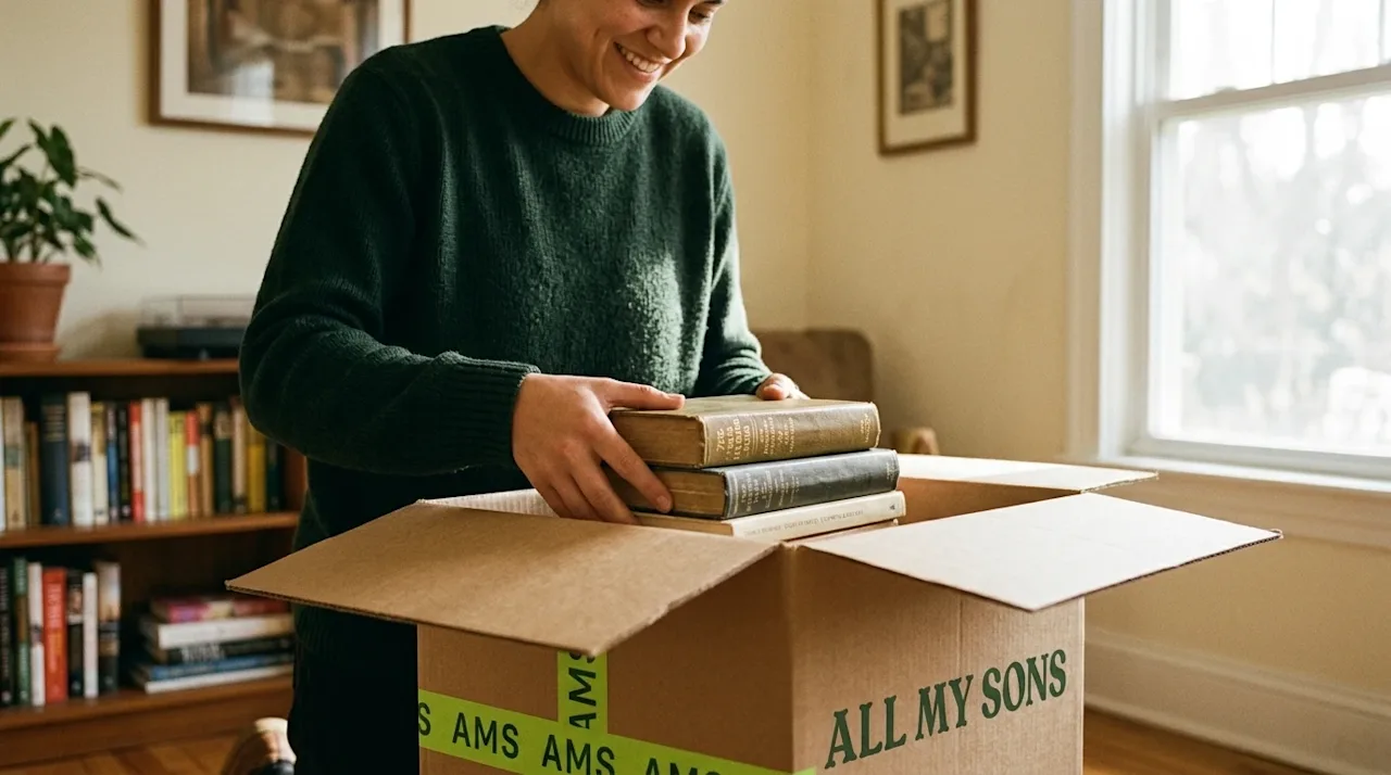 Candid 35mm film photography of a person packing a collection of hardcover books into a sturdy brown cardboard moving box ins