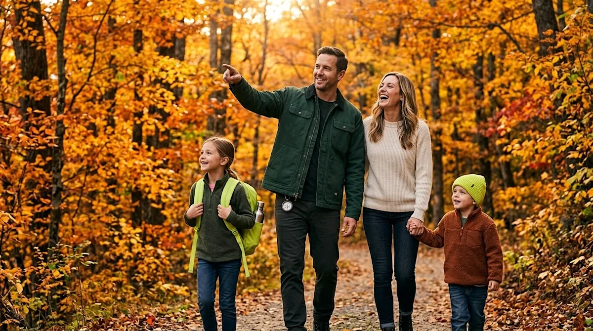 Clear and professional marketing photography of a happy family exploring a beautiful Tennessee nature trail in October. The s