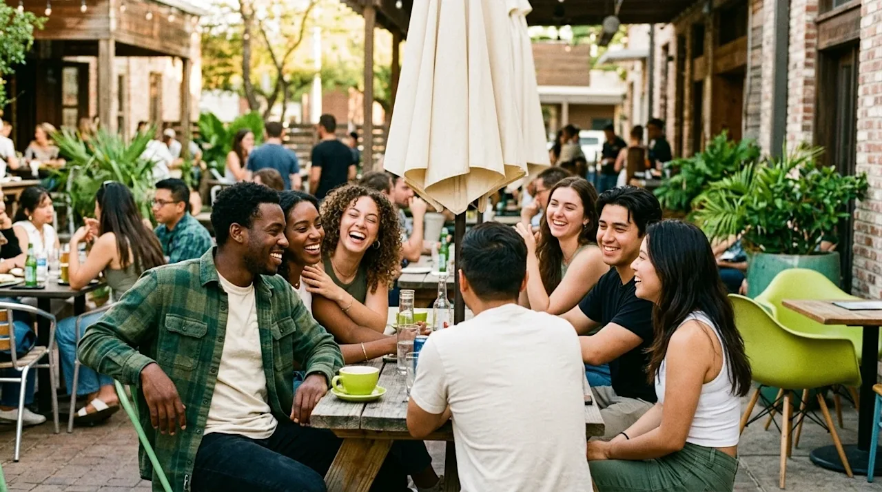Candid lifestyle photography of a diverse group of young adults socializing, laughing, and making new friends at a vibrant ou