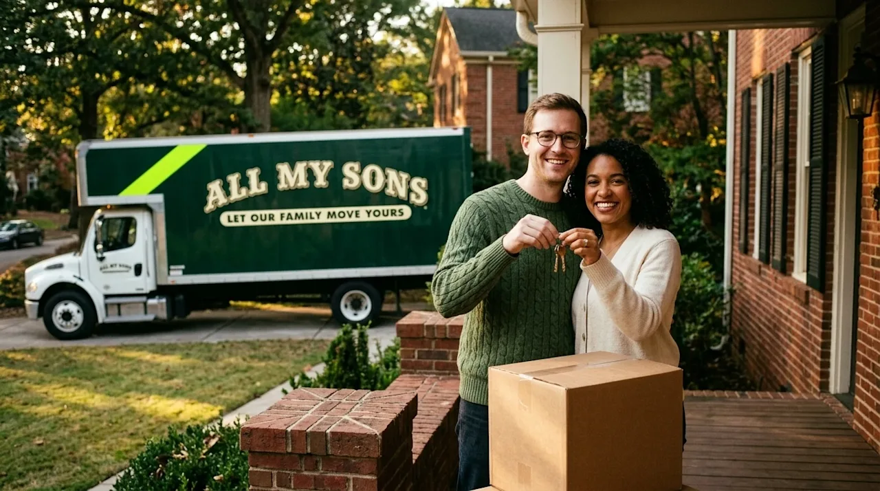 Authentic, warm lifestyle photography of a happy couple standing on the front porch of a charming traditional brick home in A