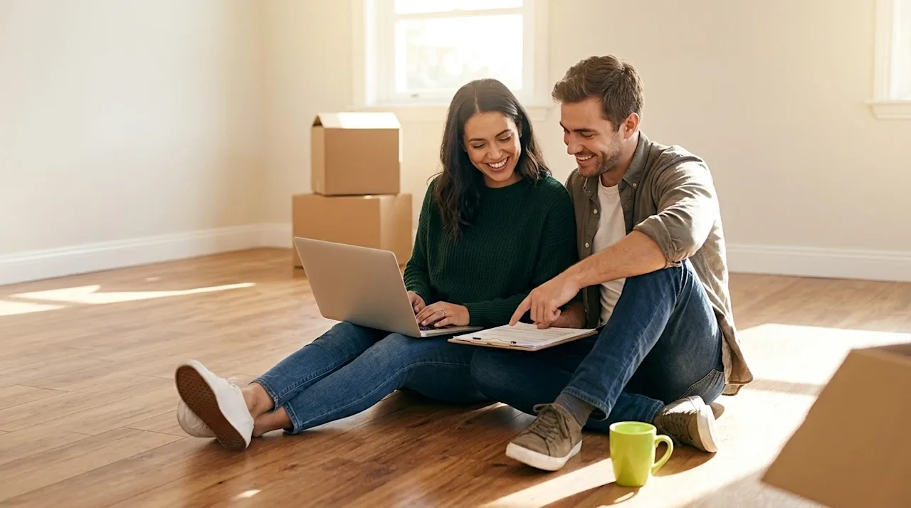 Professional marketing photography of a smiling young couple sitting casually on the warm wooden floor of a bright, empty new