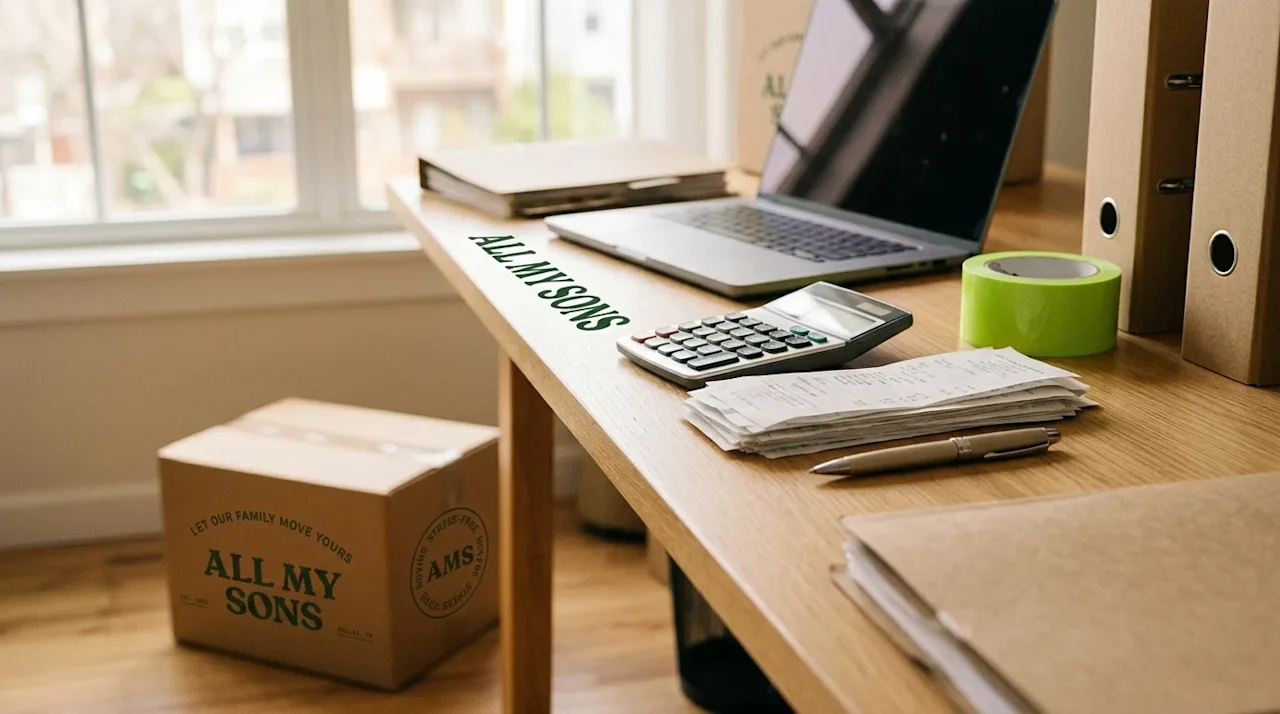 Clear and professional marketing photography of a home office scene representing the financial logistics of relocating. A cle