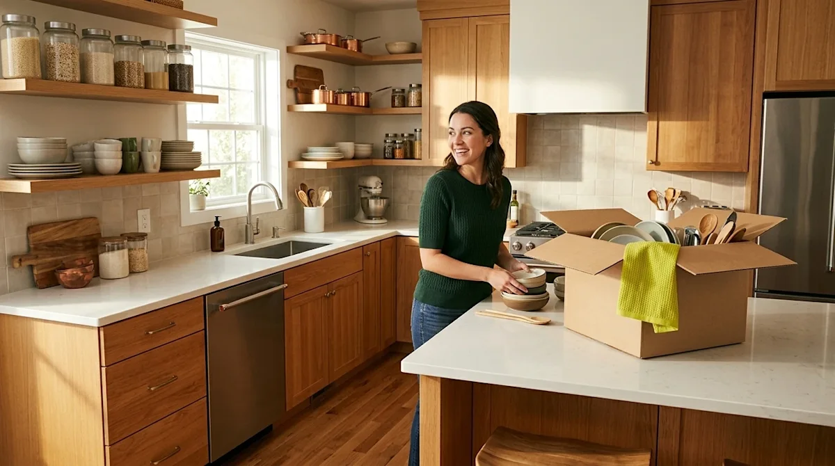 Clear, professional marketing photography of a bright, beautifully organized kitchen interior. The space features warm wood c