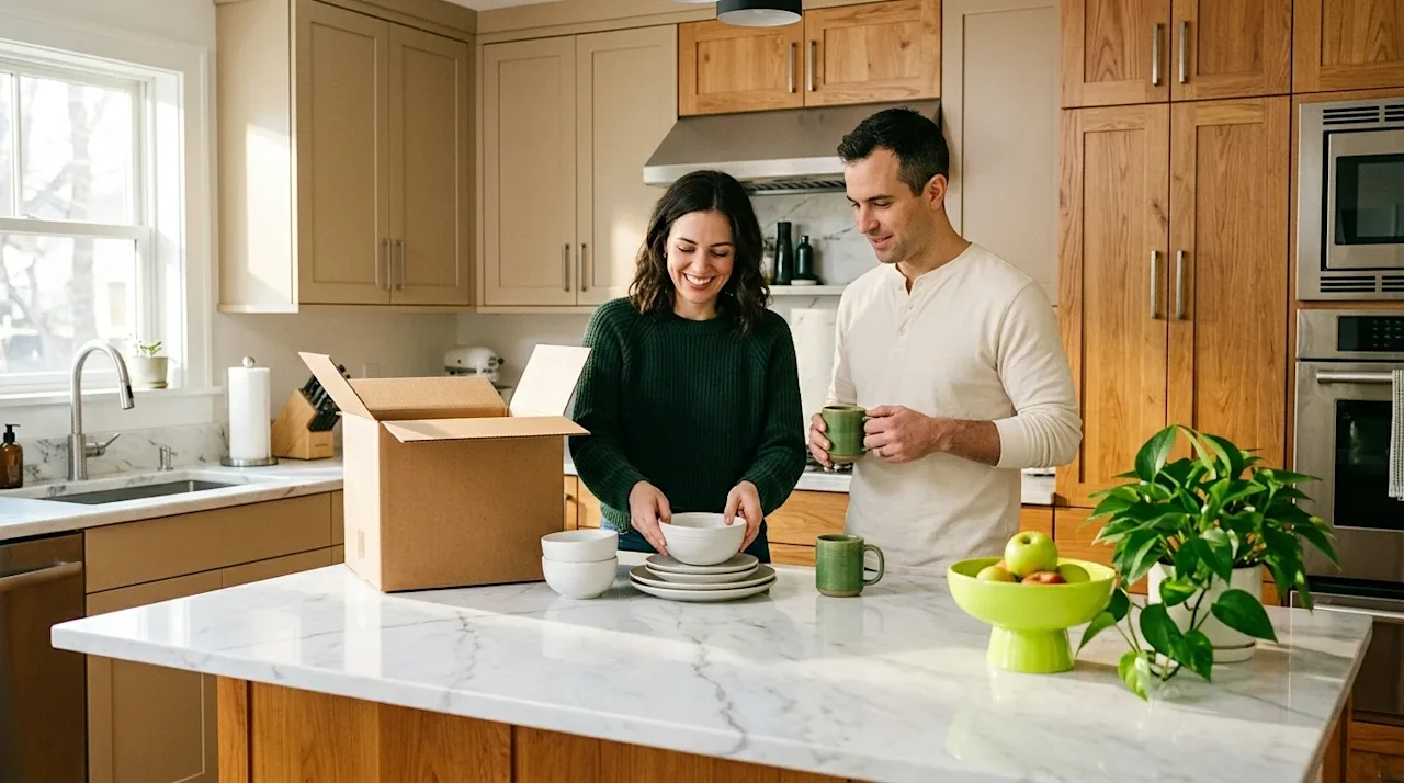High-quality lifestyle photography of a bright, inviting kitchen featuring newly upgraded, pristine white marble countertops.