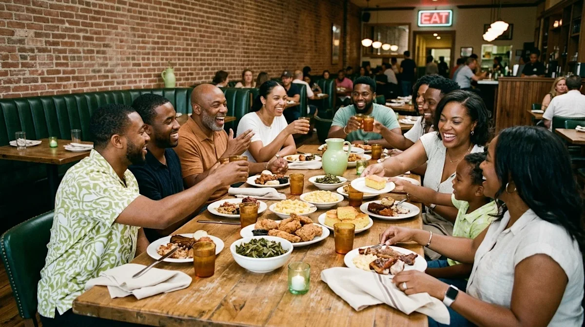 Candid lifestyle photography of a joyful group of friends and family enjoying a vibrant meal together at a classic, bustling