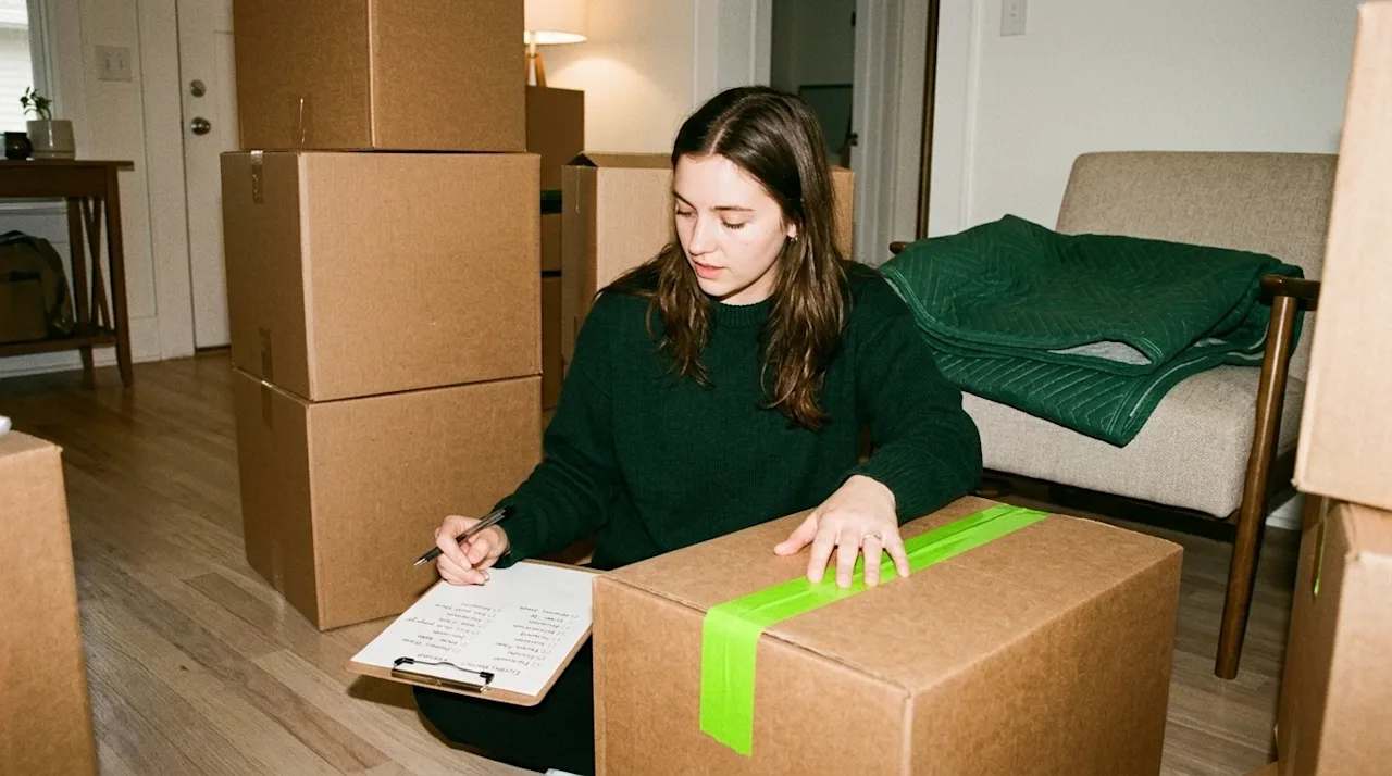A candid lifestyle photograph of a person sitting on the floor of a warm, cozy home, actively preparing for a move. They are