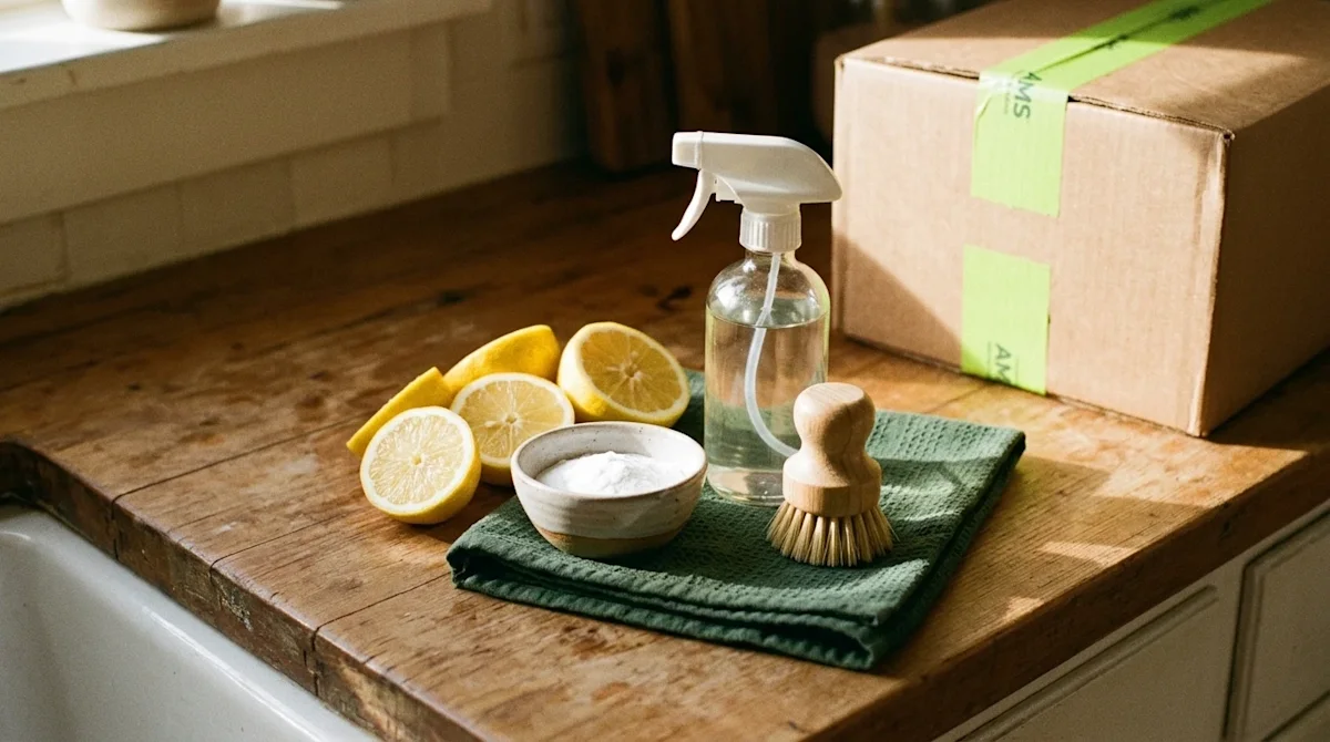 A warm, nostalgic 35mm film photography snapshot of natural home cleaning supplies arranged on a rustic wooden kitchen counte