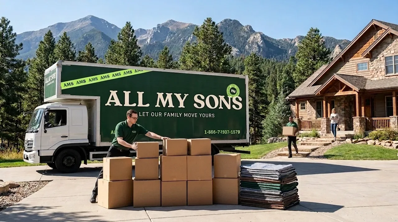 Commercial lifestyle photography of a residential moving day in Colorado. In the foreground, neat stacks of warm brown cardbo