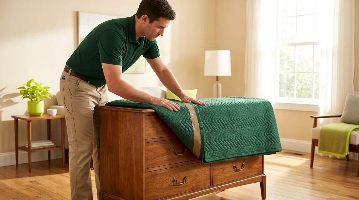 Professional marketing photography of a thick, premium quilted moving blanket being carefully wrapped around a beautiful wood