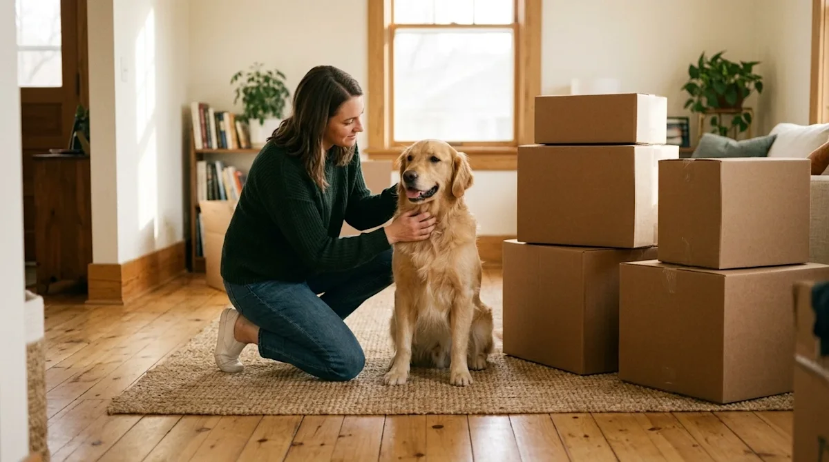 A heartwarming, candid lifestyle photograph of a person preparing to move with their pet dog in a cozy midwestern home. A hap