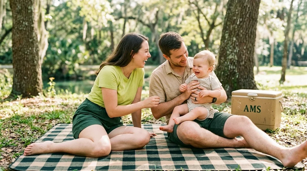 Candid 35mm film photography of a happy family enjoying a sunny summer picnic at a lush, natural spring park in Ocala, Florid