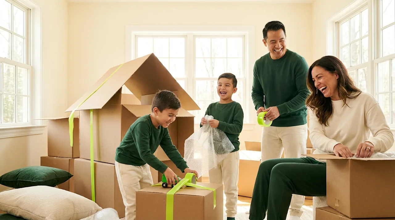 Joyful family packing and playing with boxes and bubble wrap during a stress-free move in a sun-drenched room.
