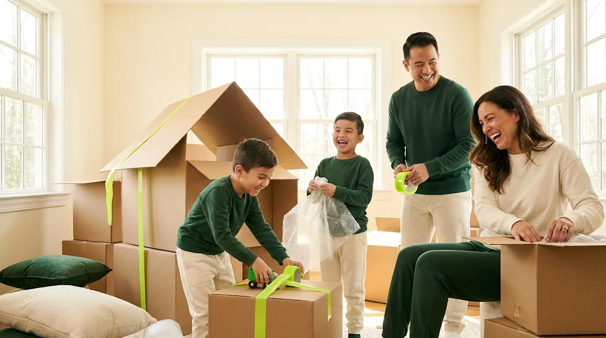 Joyful family packing and playing with boxes and bubble wrap during a stress-free move in a sun-drenched room.