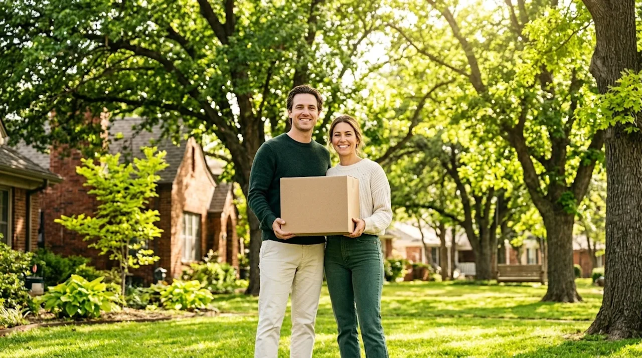 Professional marketing photography of a cheerful couple holding a plain, eco-friendly recycled cardboard moving box, standing