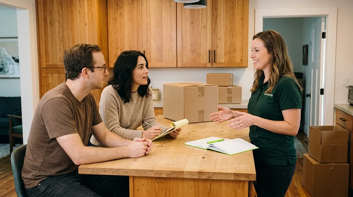 Authentic, documentary-style 35mm photography of a pre-move consultation. A casually dressed couple sits at a natural wood ki