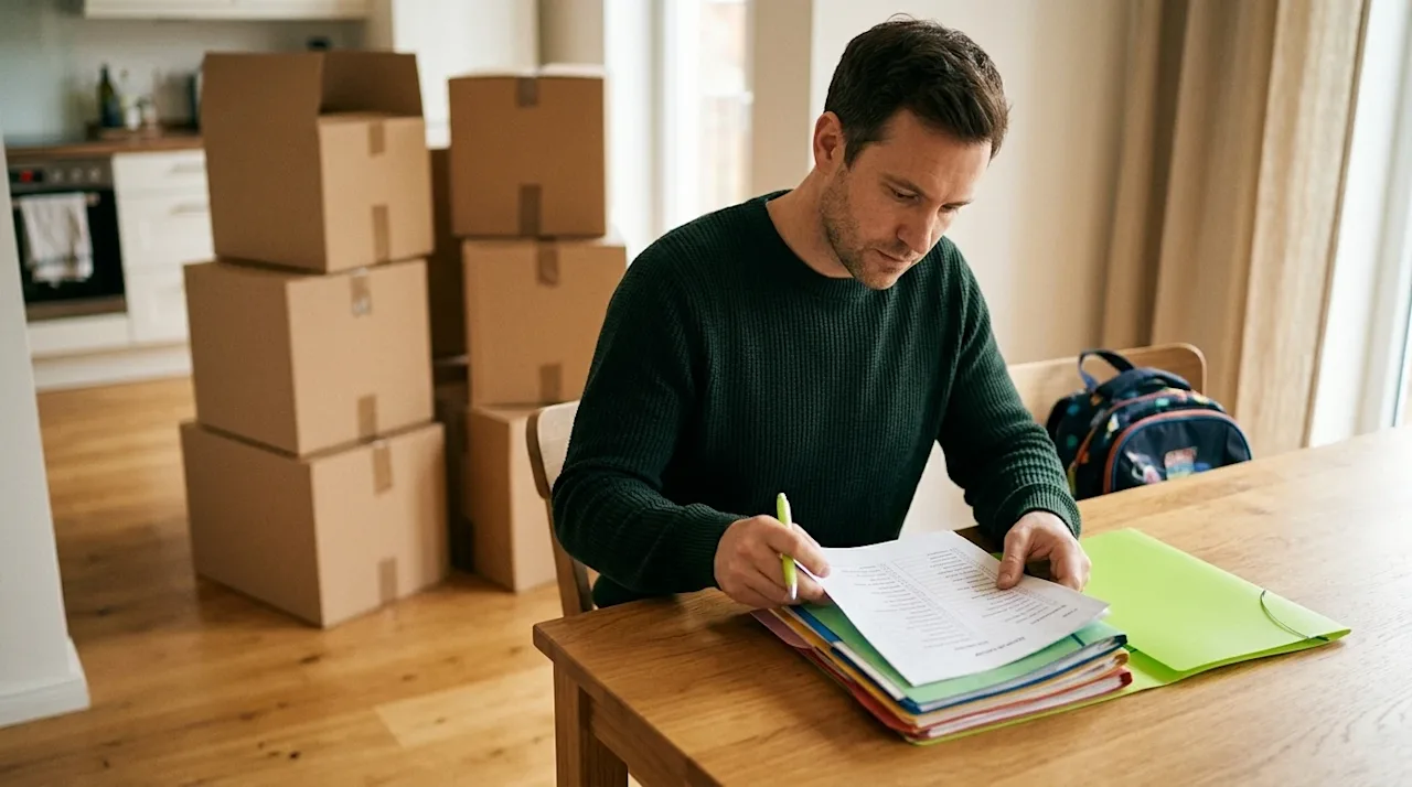 Candid lifestyle photography of a parent sitting at a warm wooden dining table, carefully organizing a child's school records