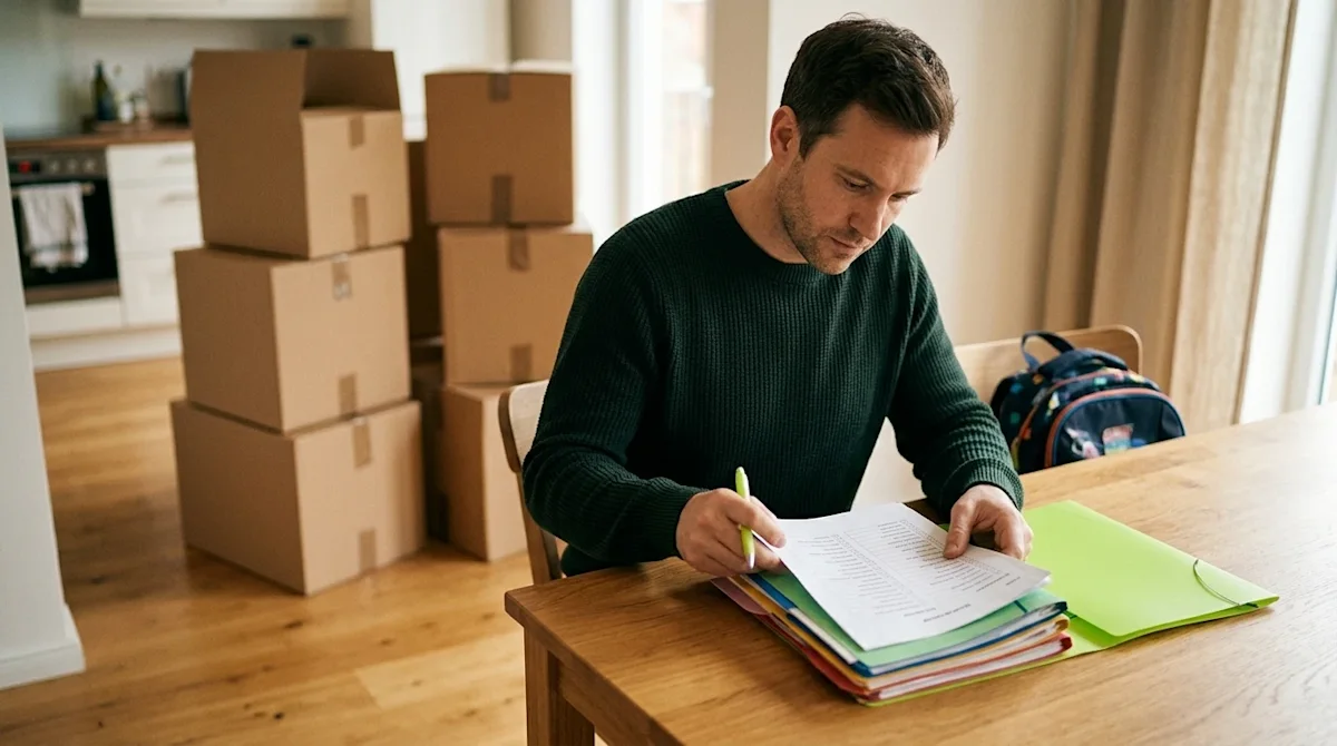 Candid lifestyle photography of a parent sitting at a warm wooden dining table, carefully organizing a child's school records
