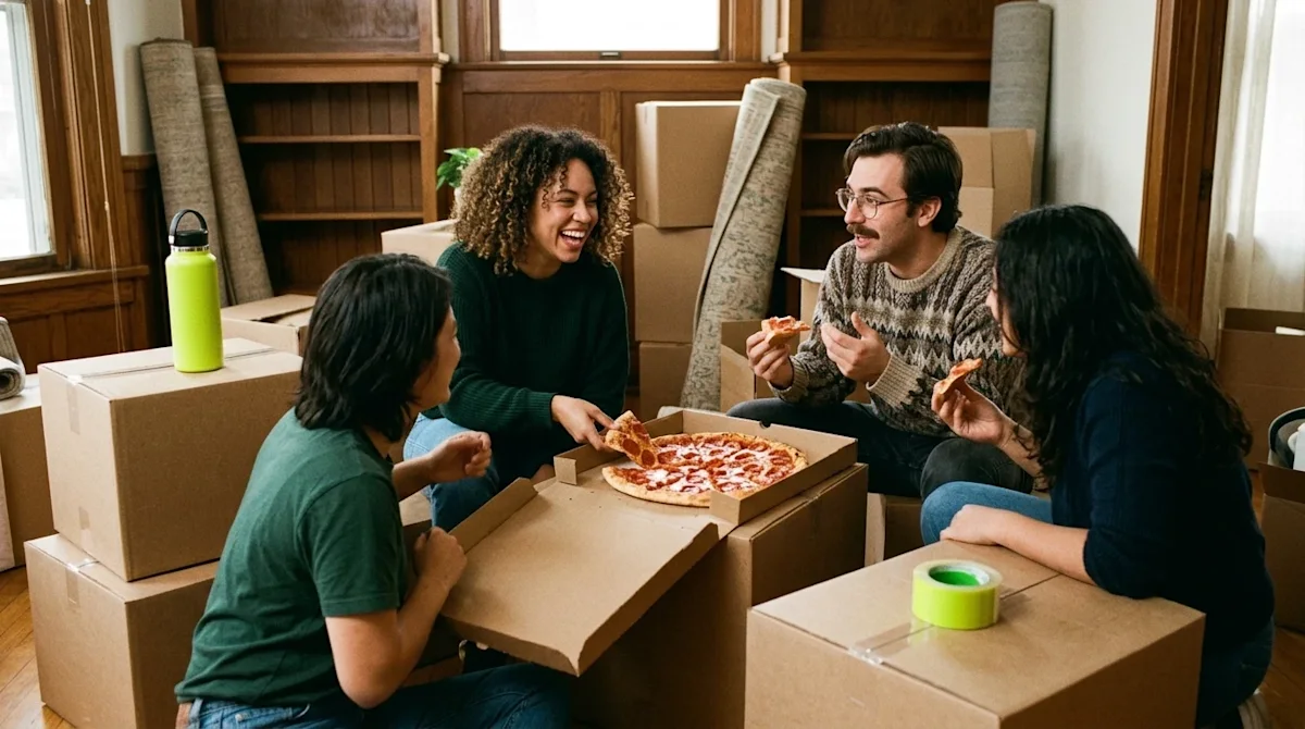 Candid 35mm film photography of a group of happy, diverse friends taking a well-deserved pizza break while packing up a cozy,